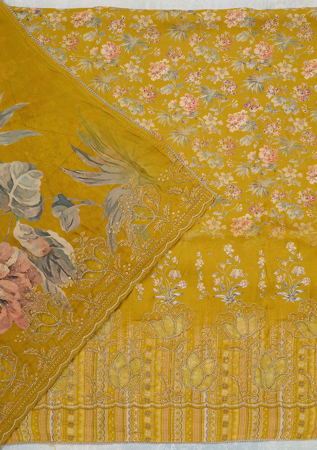 Yellow Stonework (Gold) Crepe Unstitched Salwar Suit