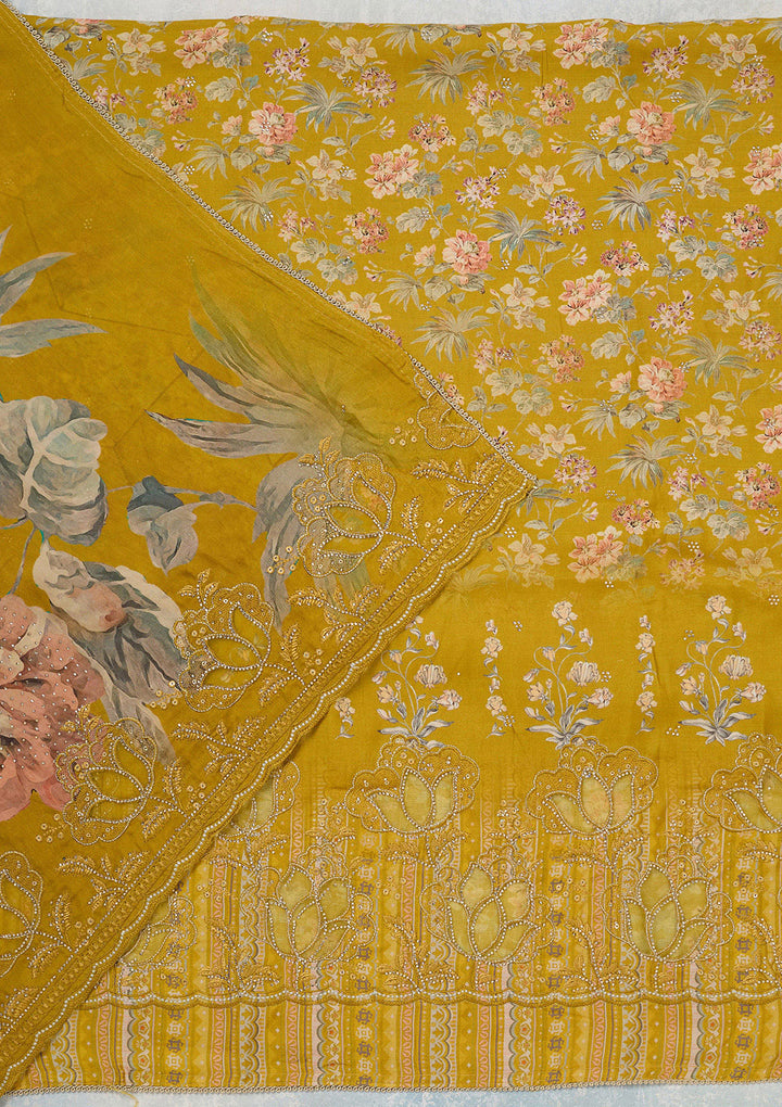 Yellow Stonework (Gold) Crepe Unstitched Salwar Suit