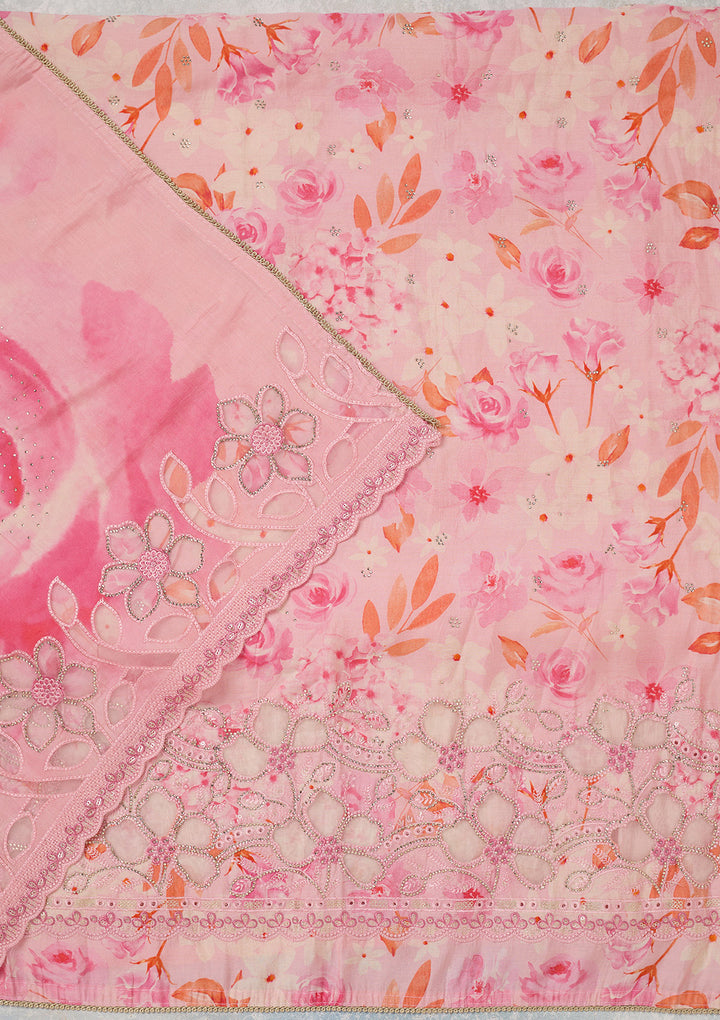 Pink Crepe Floral Swarovski Unstitched Dress Material With Matching Bottom And Dupatta