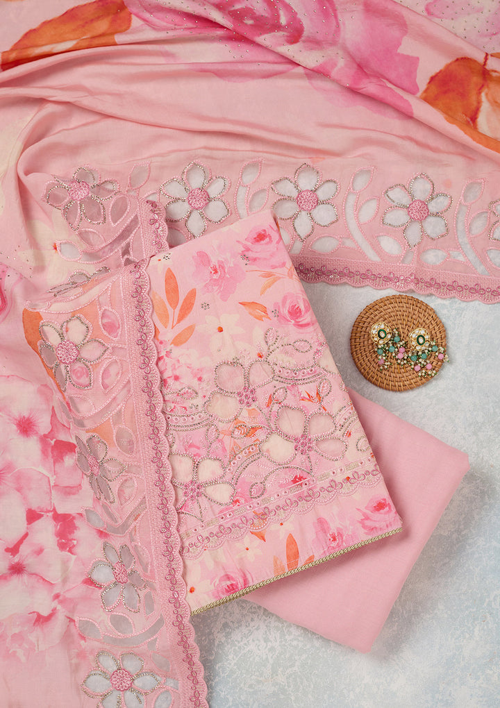 Pink Crepe Floral Swarovski Unstitched Dress Material With Matching Bottom And Dupatta