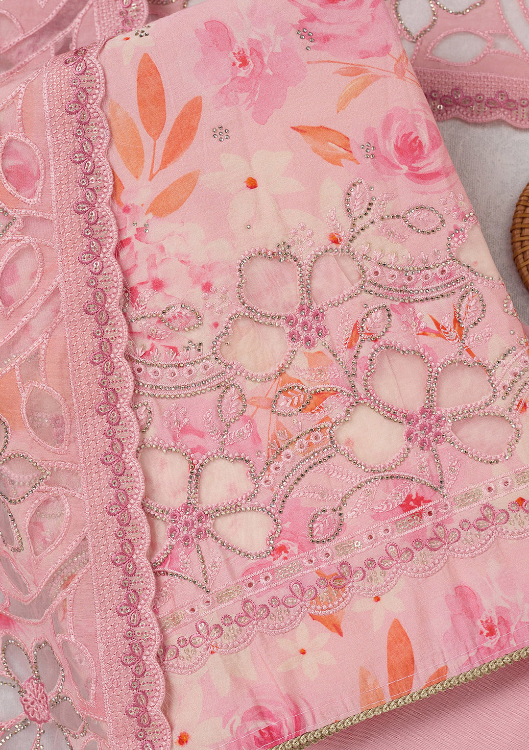 Pink Crepe Floral Swarovski Unstitched Dress Material With Matching Bottom And Dupatta