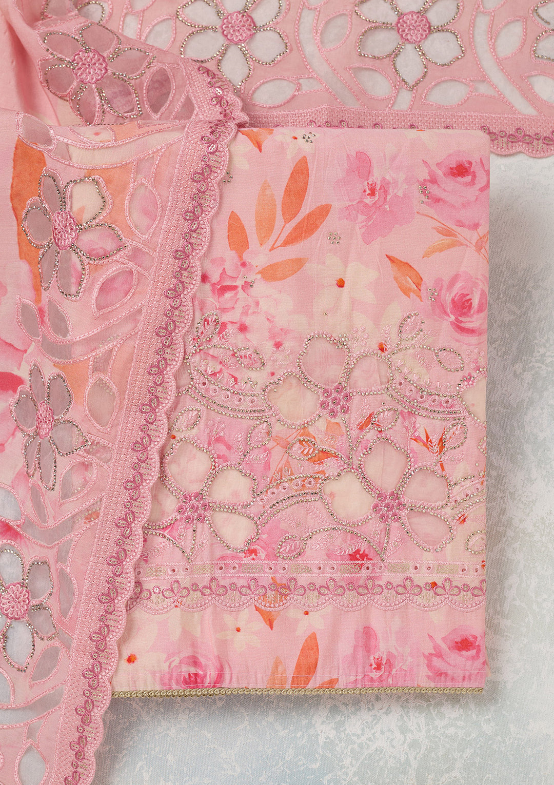 Pink Crepe Floral Swarovski Unstitched Dress Material With Matching Bottom And Dupatta