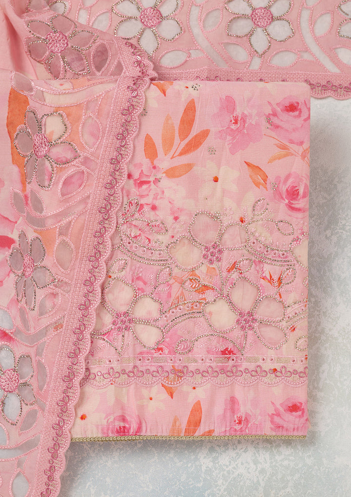 Pink Crepe Floral Swarovski Unstitched Dress Material With Matching Bottom And Dupatta