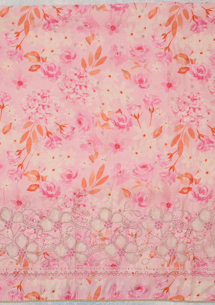 Pink Crepe Floral Swarovski Unstitched Dress Material With Matching Bottom And Dupatta