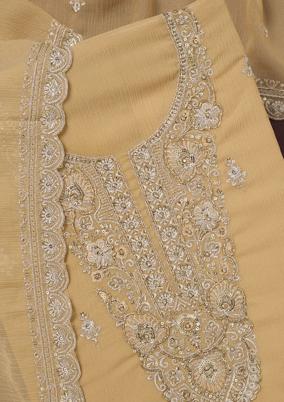 Beige Zariwork (Gold) Chinon Unstitched Salwar Suit