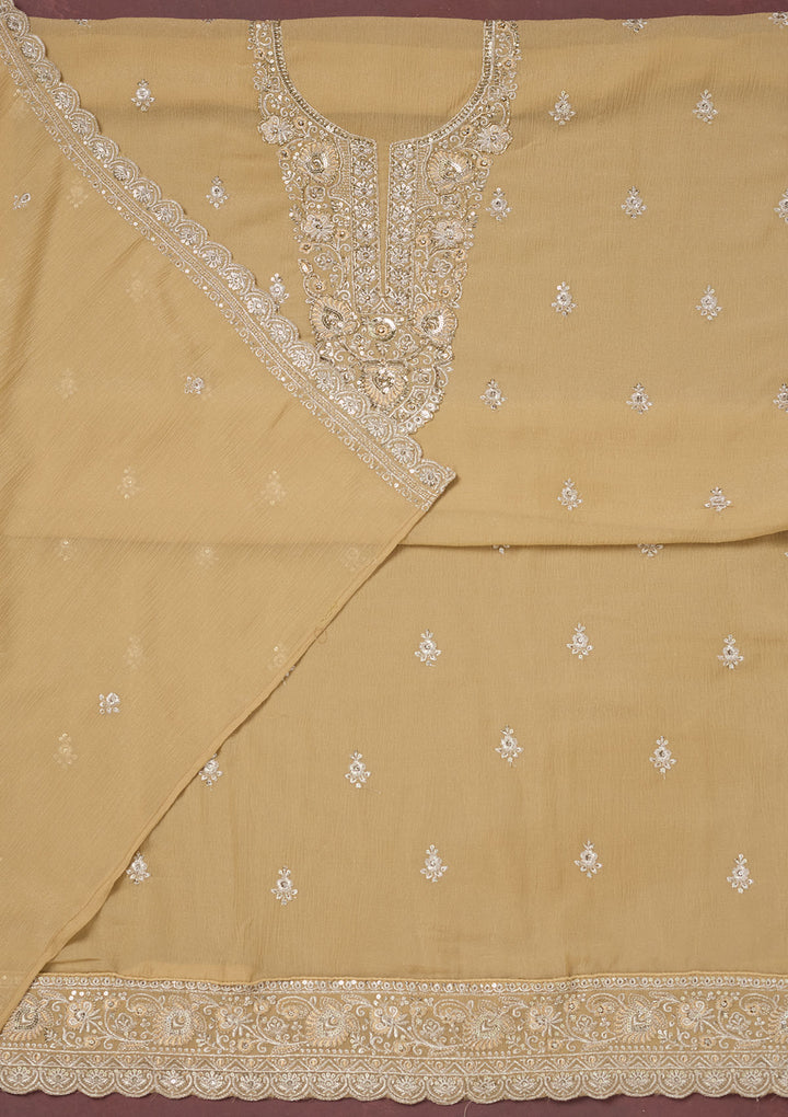 Beige Zariwork (Gold) Chinon Unstitched Salwar Suit