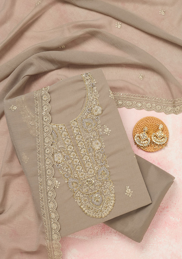 Grey Chinon Gold Zariwork Unstitched Dress Material With Matching Bottom And Dupatta