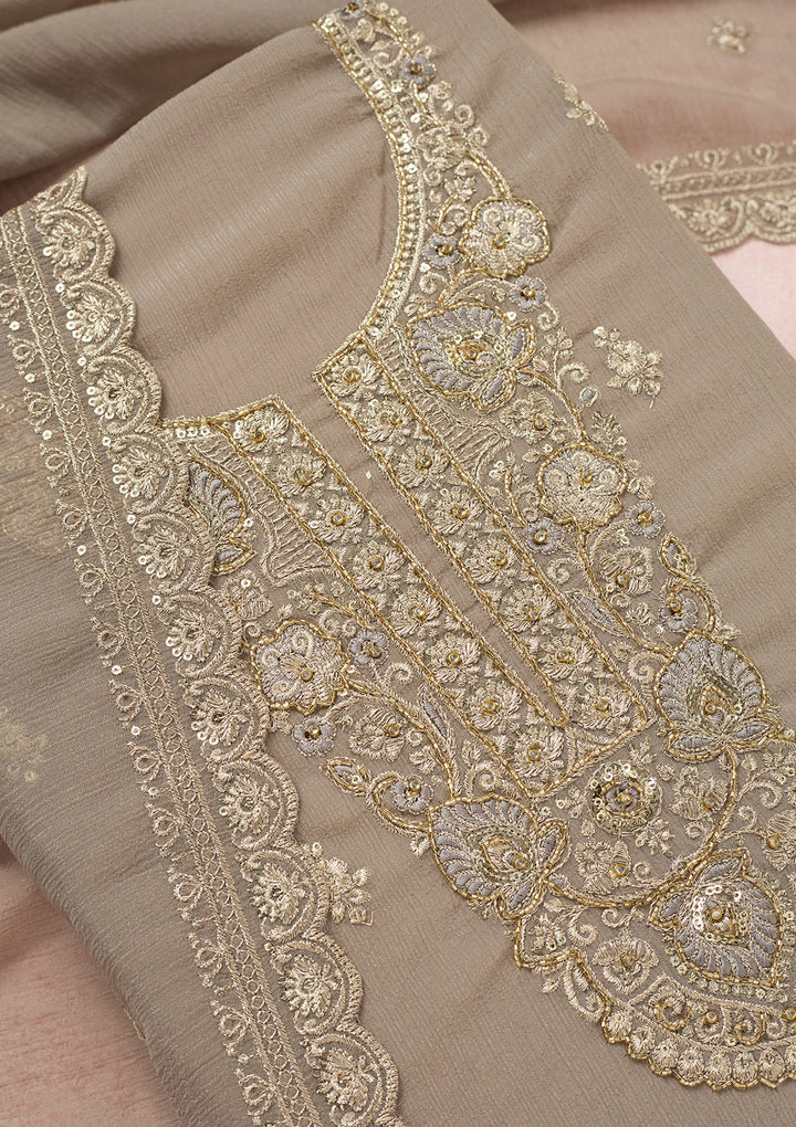 Grey Chinon Gold Zariwork Unstitched Dress Material With Matching Bottom And Dupatta