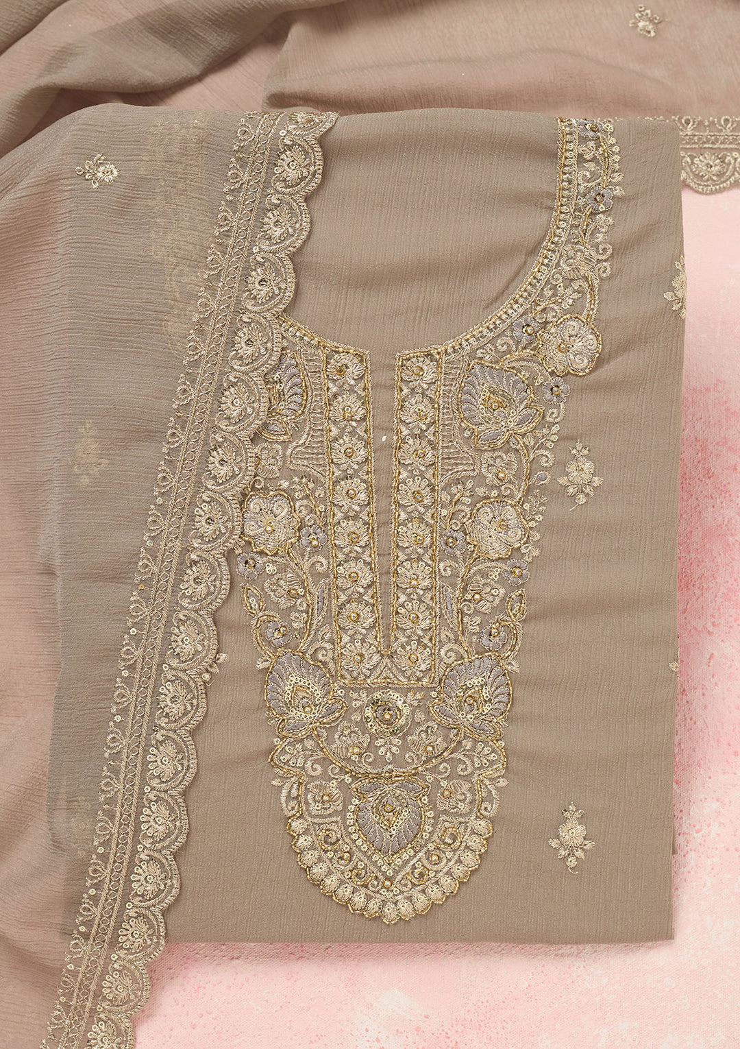 Grey Chinon Gold Zariwork Unstitched Dress Material With Matching Bottom And Dupatta