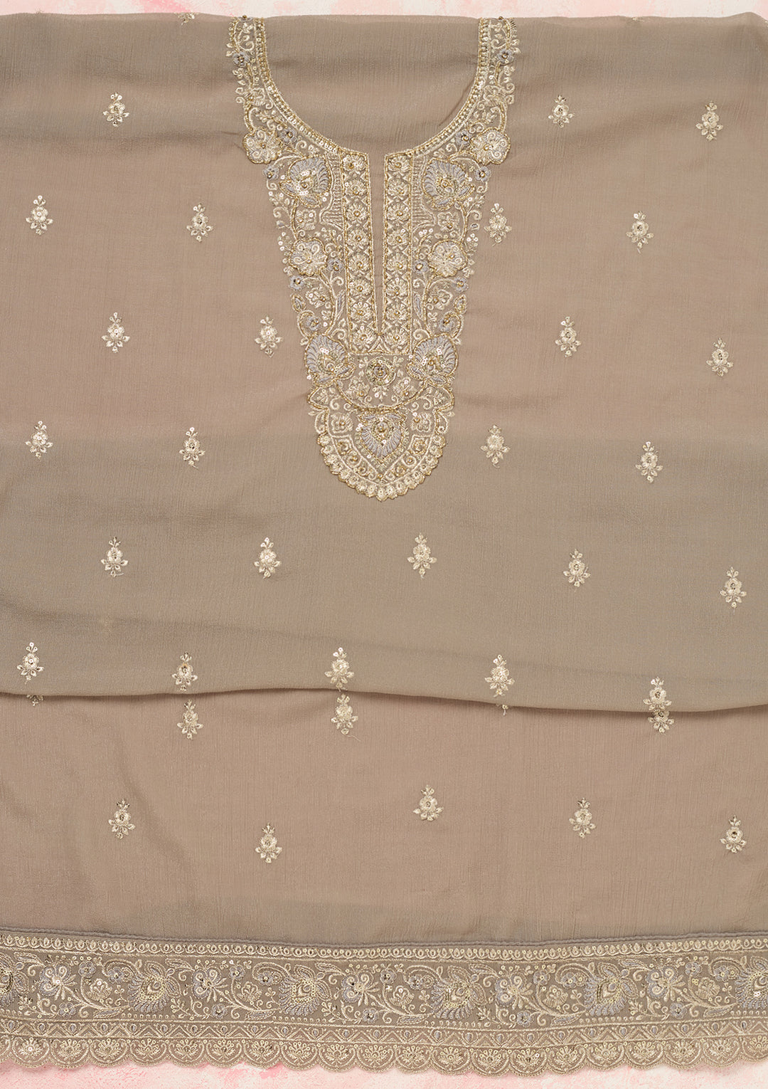 Grey Chinon Gold Zariwork Unstitched Dress Material With Matching Bottom And Dupatta