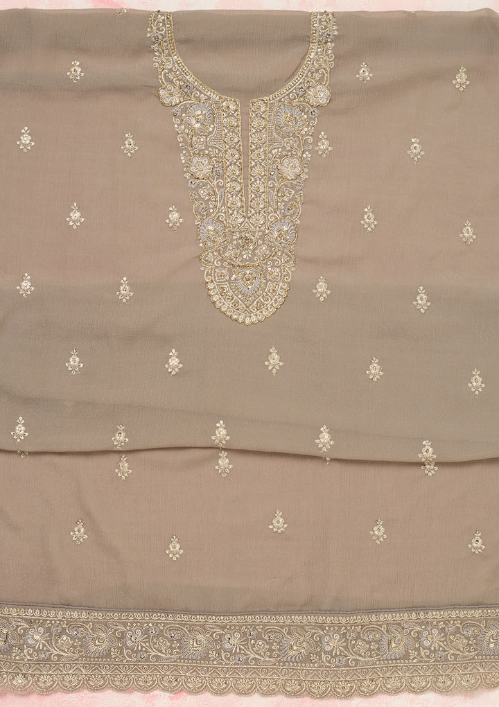 Grey Chinon Gold Zariwork Unstitched Dress Material With Matching Bottom And Dupatta