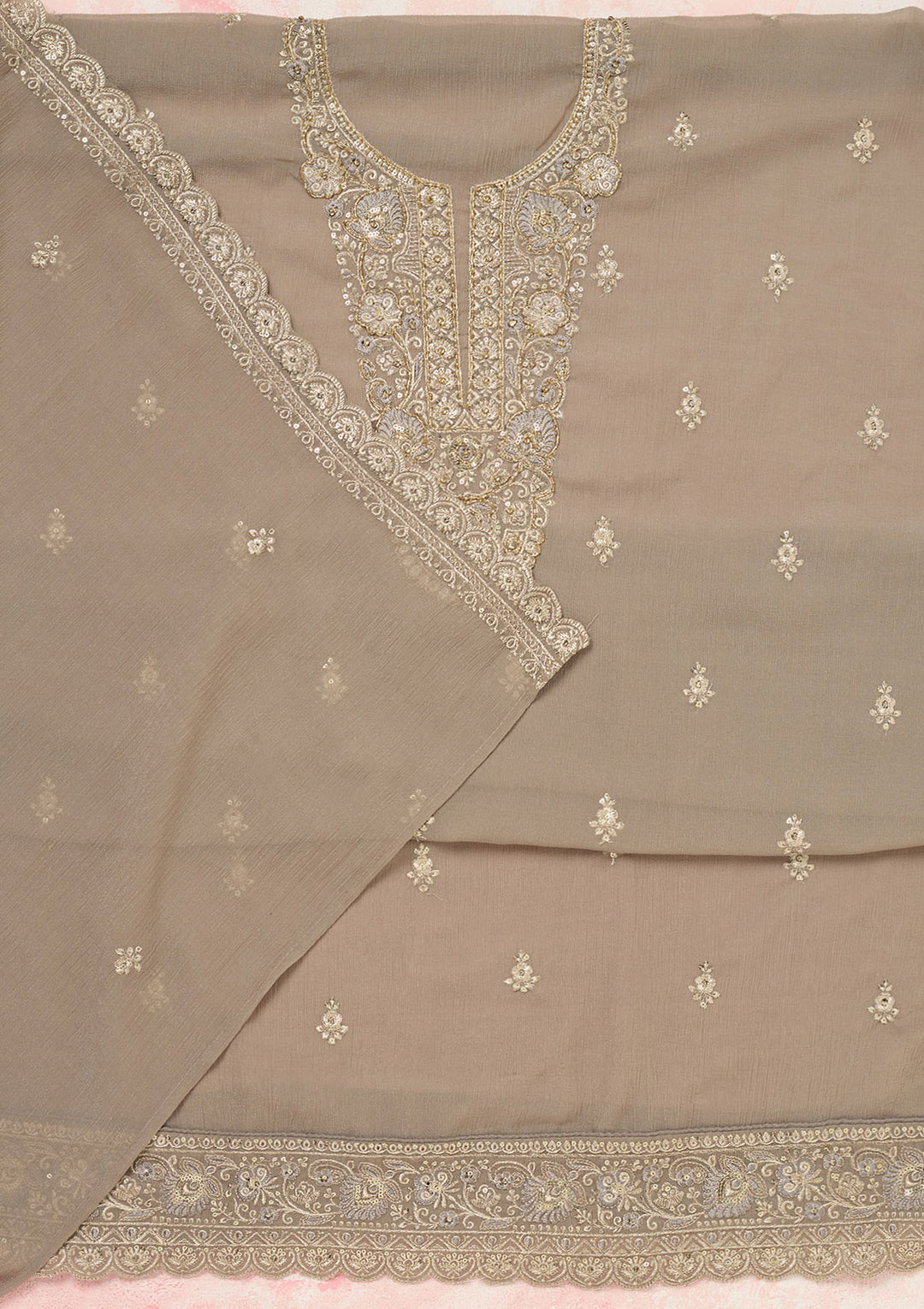 Grey Chinon Gold Zariwork Unstitched Dress Material With Matching Bottom And Dupatta