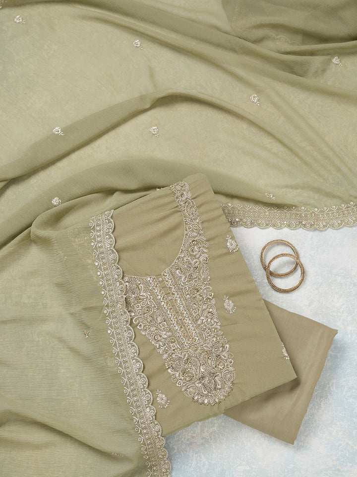 Pista Green Chinon Gold Zariwork Unstitched Dress Material With Matching Bottom And Dupatta