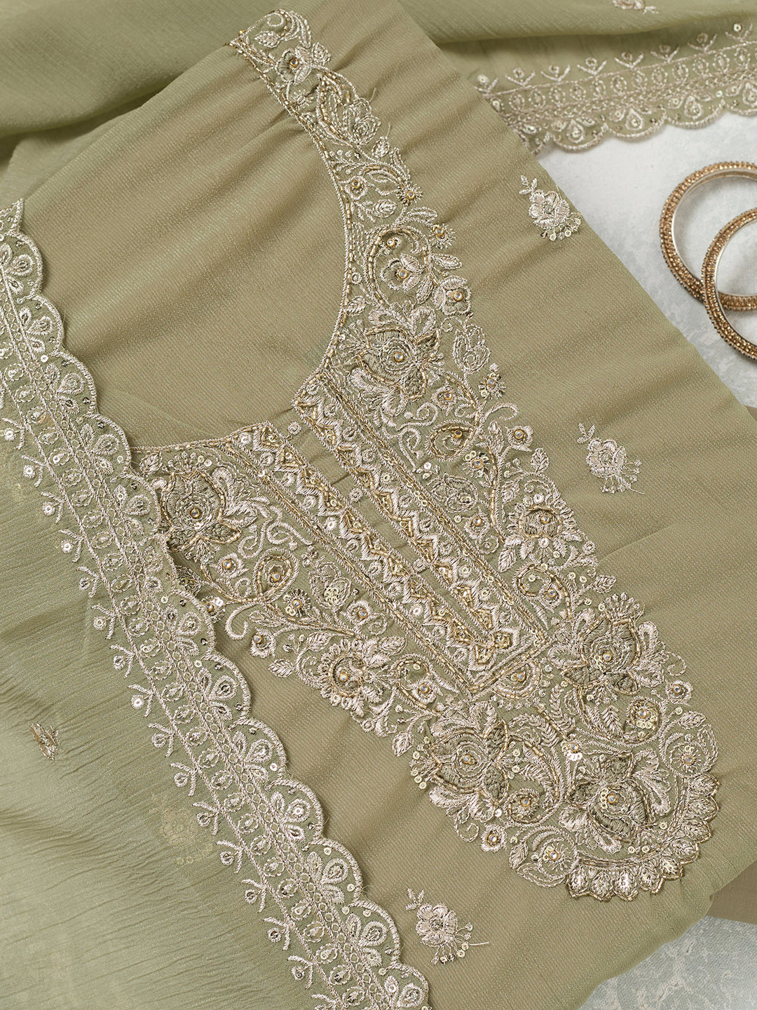 Pista Green Chinon Gold Zariwork Unstitched Dress Material With Matching Bottom And Dupatta