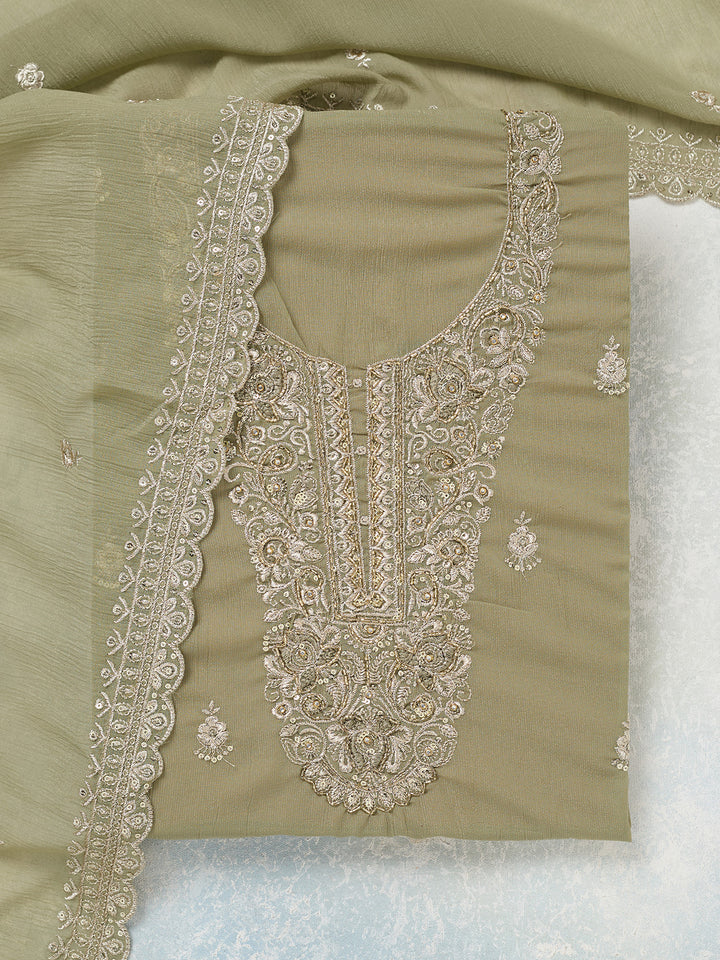 Pista Green Chinon Gold Zariwork Unstitched Dress Material With Matching Bottom And Dupatta