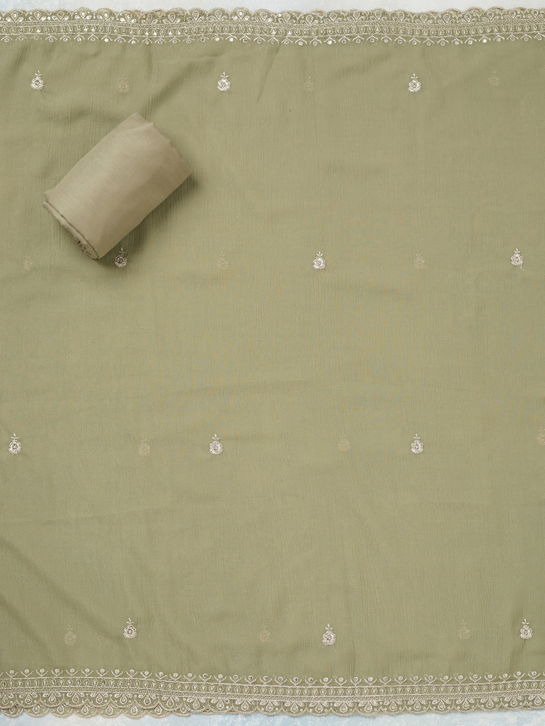 Pista Green Chinon Gold Zariwork Unstitched Dress Material With Matching Bottom And Dupatta