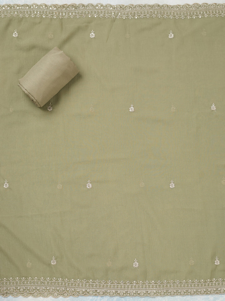 Pista Green Chinon Gold Zariwork Unstitched Dress Material With Matching Bottom And Dupatta