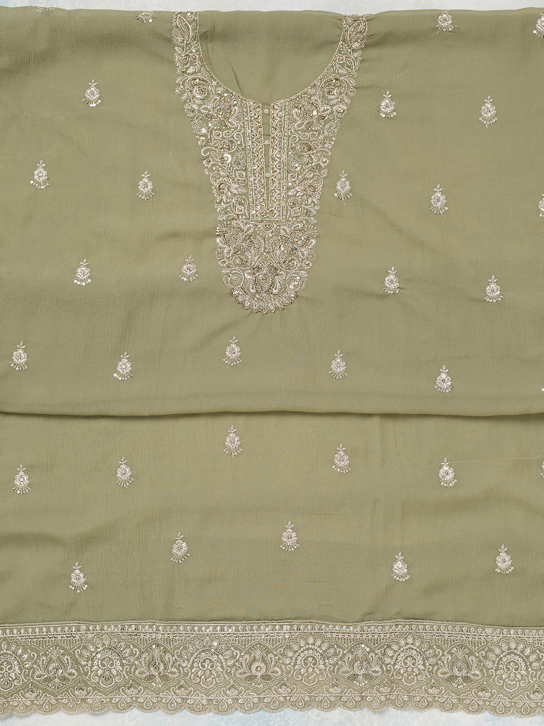 Pista Green Chinon Gold Zariwork Unstitched Dress Material With Matching Bottom And Dupatta