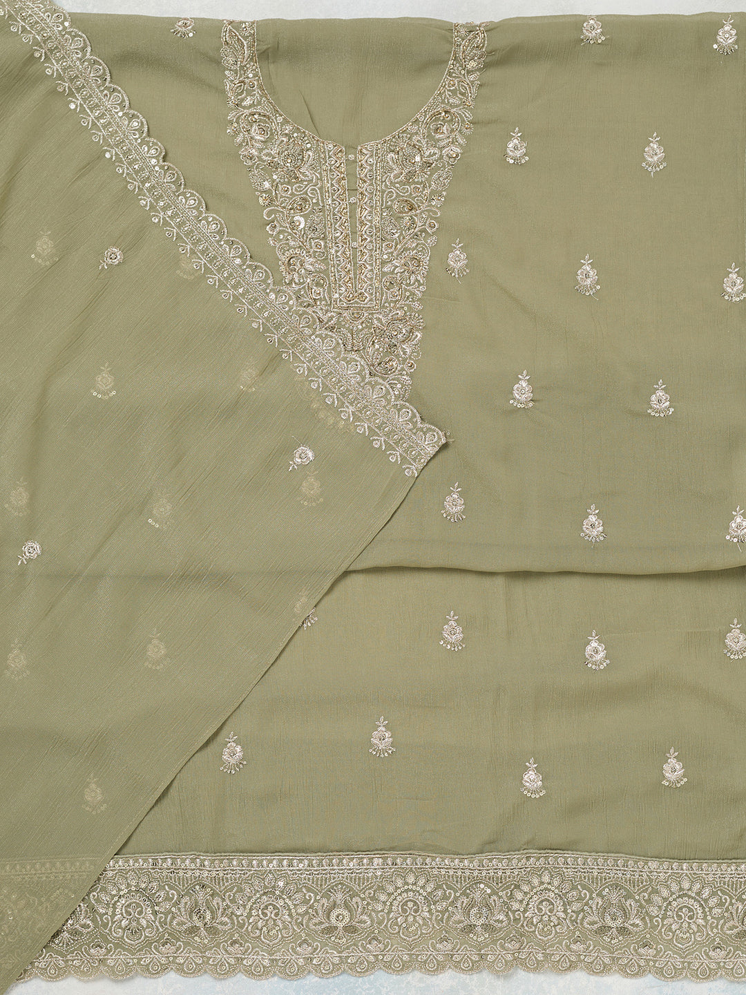 Pista Green Chinon Gold Zariwork Unstitched Dress Material With Matching Bottom And Dupatta