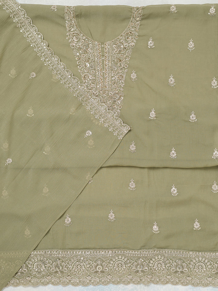 Pista Green Chinon Gold Zariwork Unstitched Dress Material With Matching Bottom And Dupatta