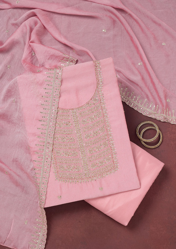 Baby Pink Chinon Gold Zariwork Unstitched Dress Material With Matching Bottom And Dupatta