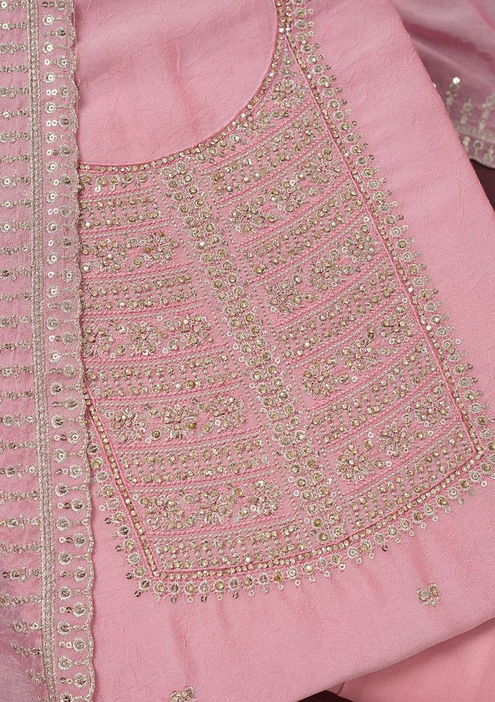 Baby Pink Chinon Gold Zariwork Unstitched Dress Material With Matching Bottom And Dupatta
