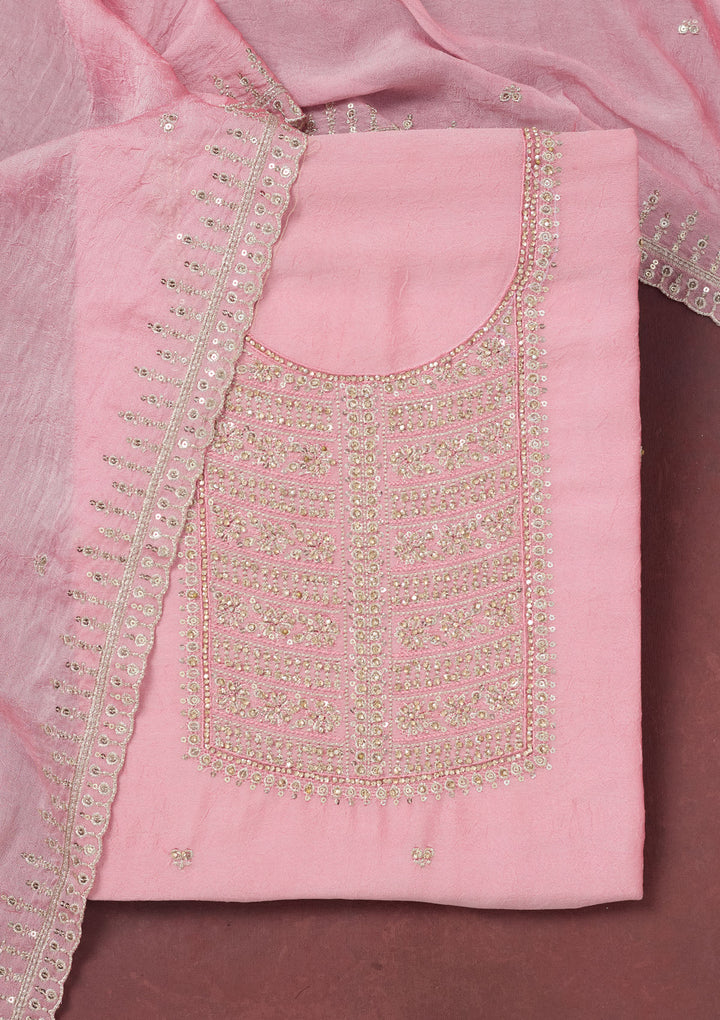 Baby Pink Chinon Gold Zariwork Unstitched Dress Material With Matching Bottom And Dupatta