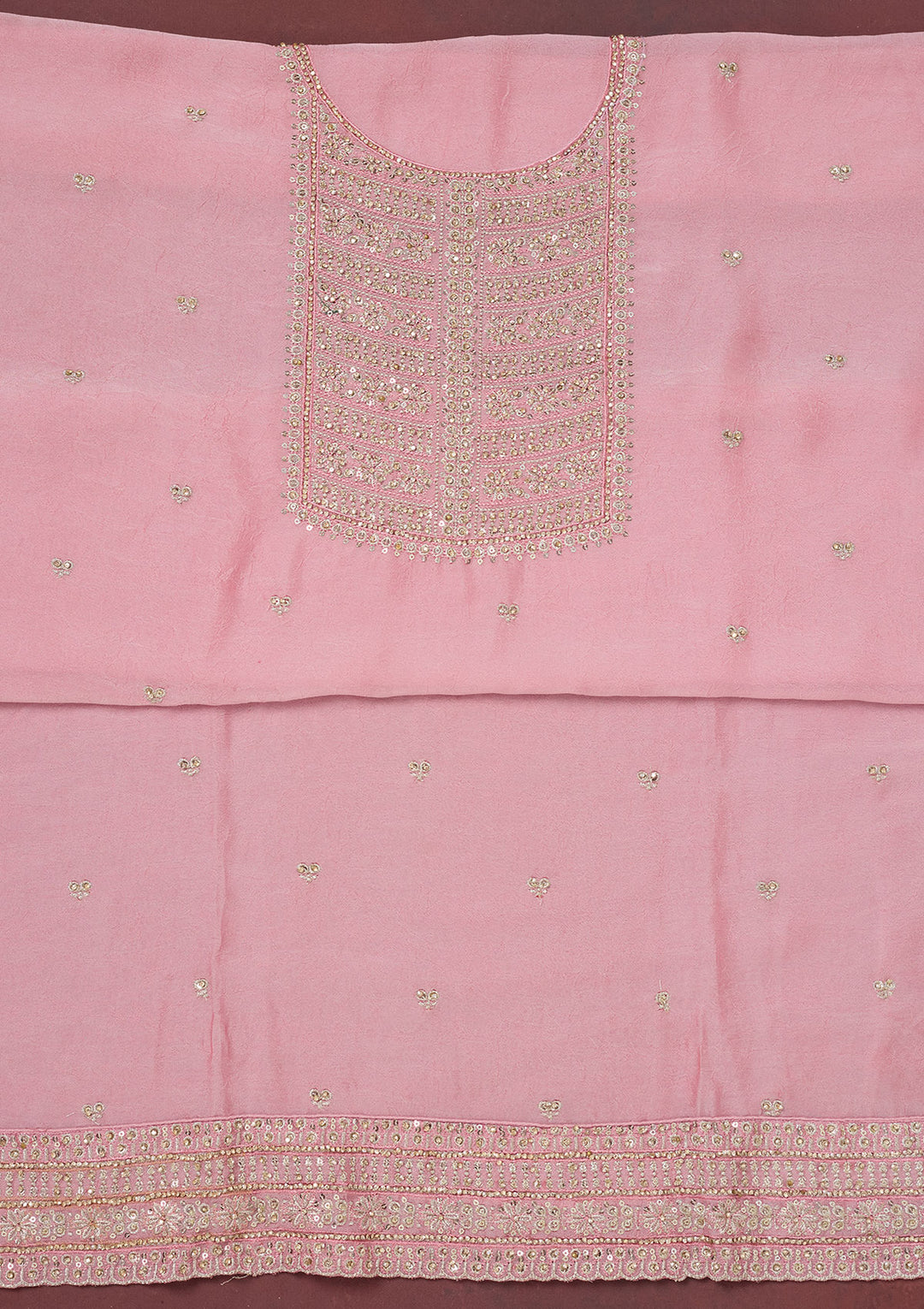 Baby Pink Chinon Gold Zariwork Unstitched Dress Material With Matching Bottom And Dupatta