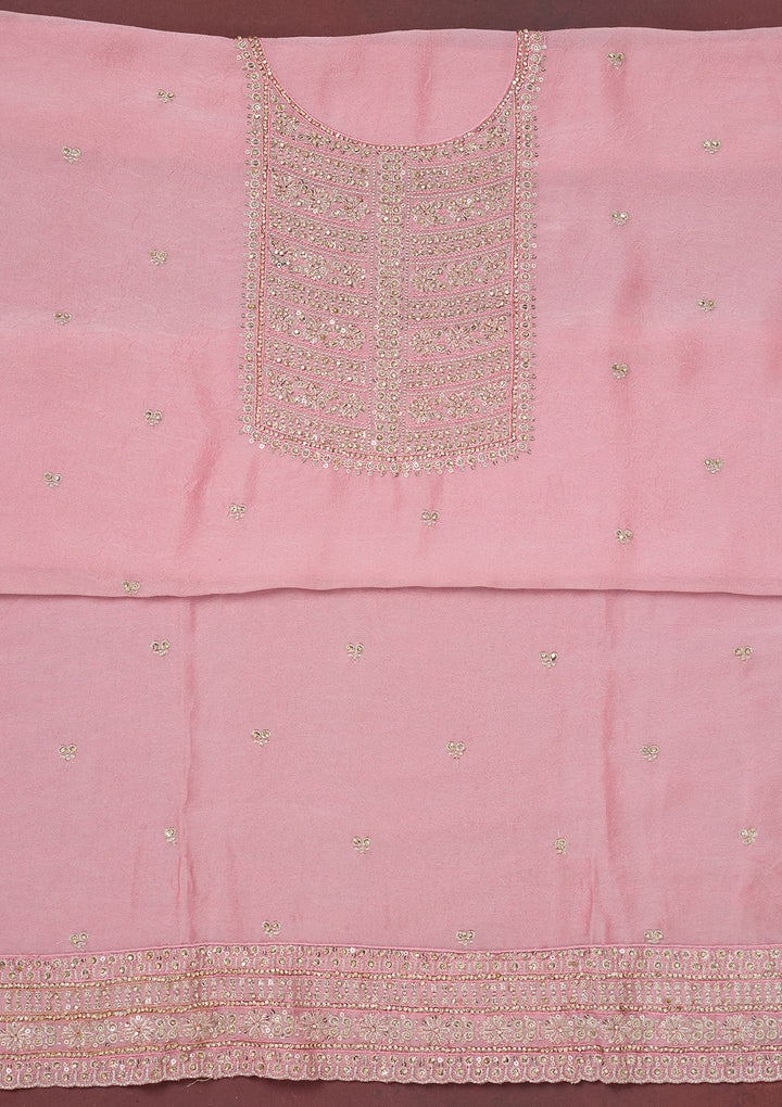 Baby Pink Chinon Gold Zariwork Unstitched Dress Material With Matching Bottom And Dupatta