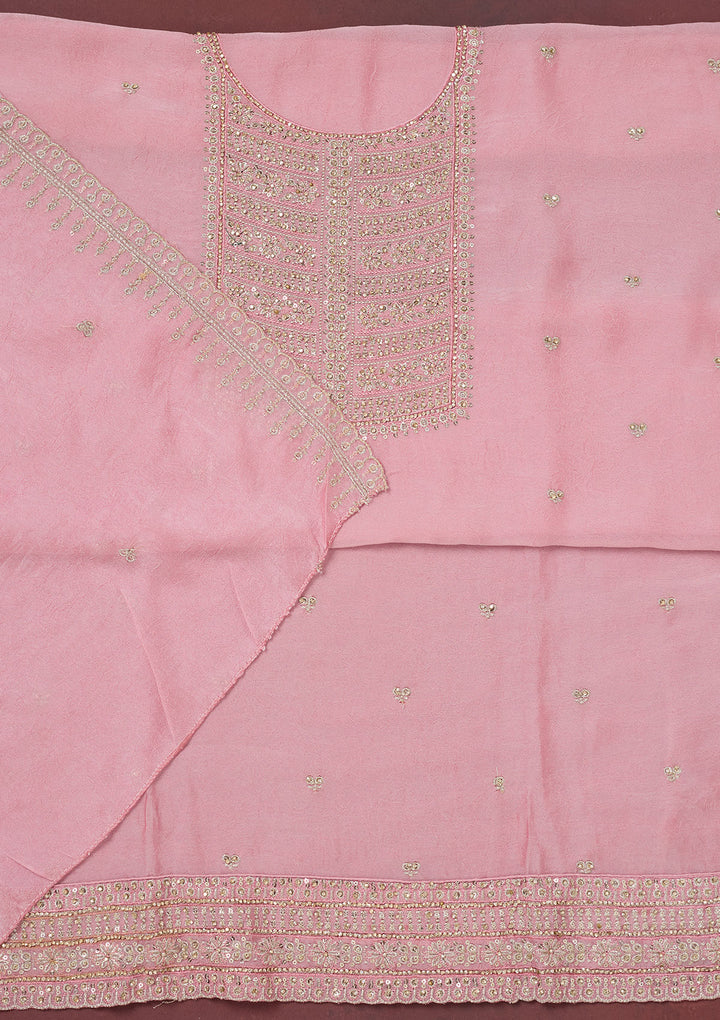 Baby Pink Chinon Gold Zariwork Unstitched Dress Material With Matching Bottom And Dupatta