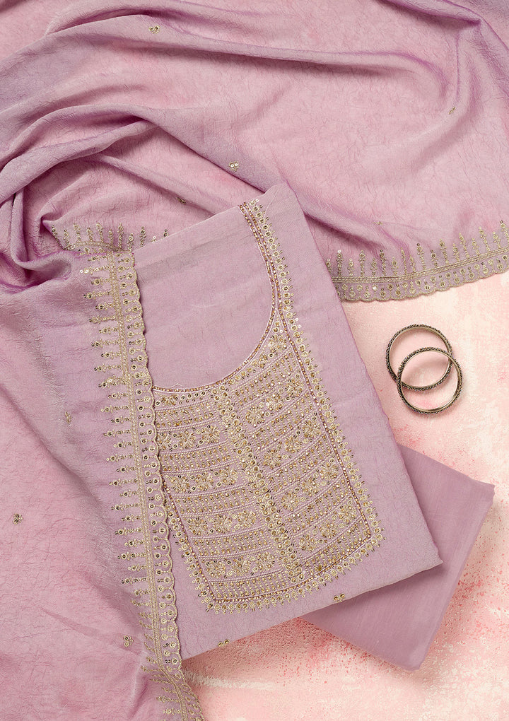 Lavender Chinon Gold Zariwork Unstitched Dress Material With Matching Bottom And Dupatta