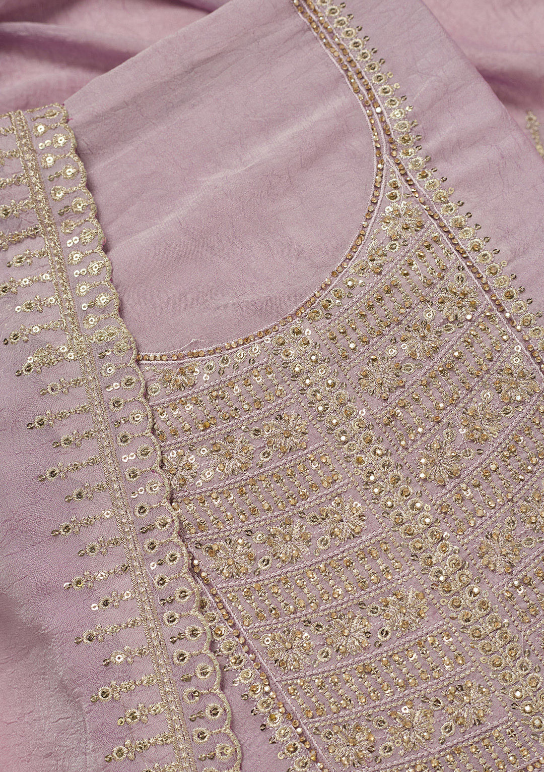 Lavender Chinon Gold Zariwork Unstitched Dress Material With Matching Bottom And Dupatta