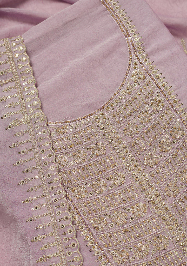 Lavender Chinon Gold Zariwork Unstitched Dress Material With Matching Bottom And Dupatta