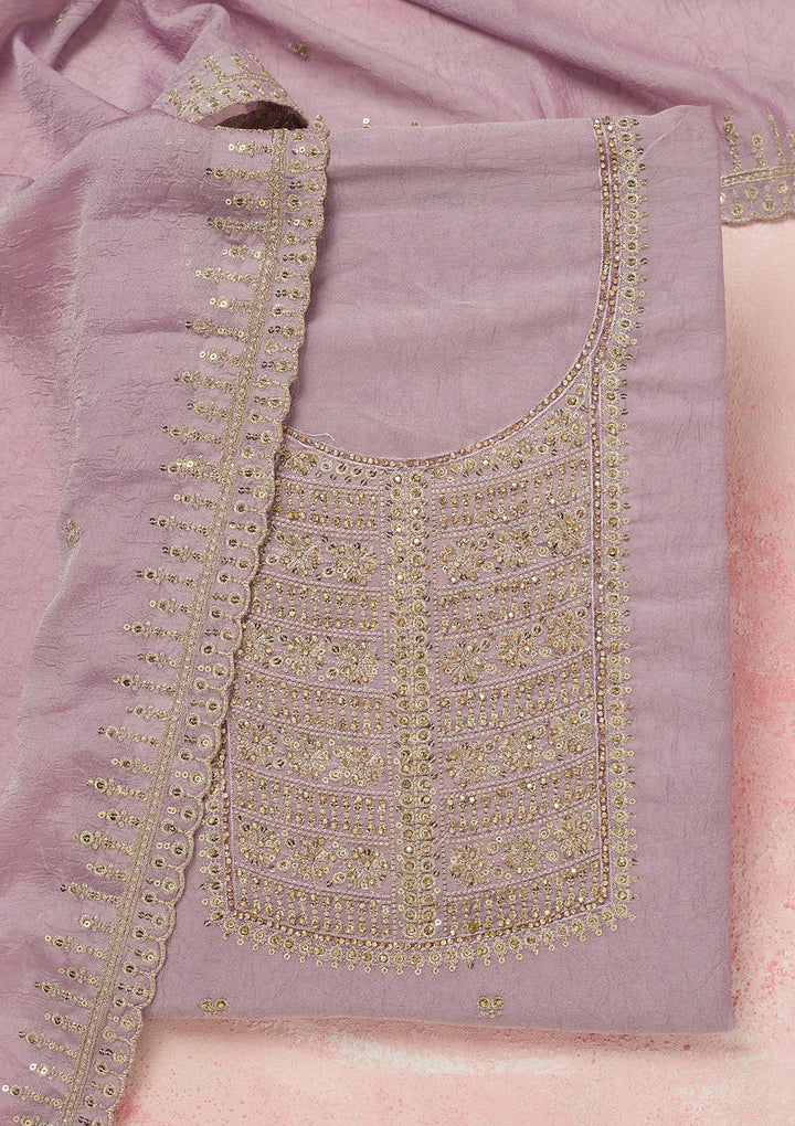 Lavender Chinon Gold Zariwork Unstitched Dress Material With Matching Bottom And Dupatta