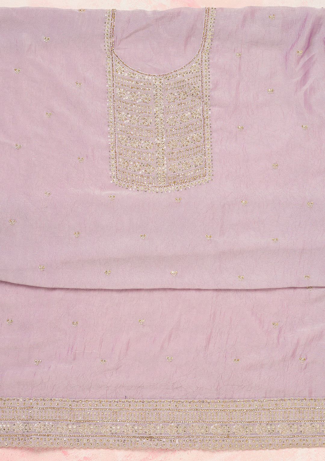 Lavender Chinon Gold Zariwork Unstitched Dress Material With Matching Bottom And Dupatta
