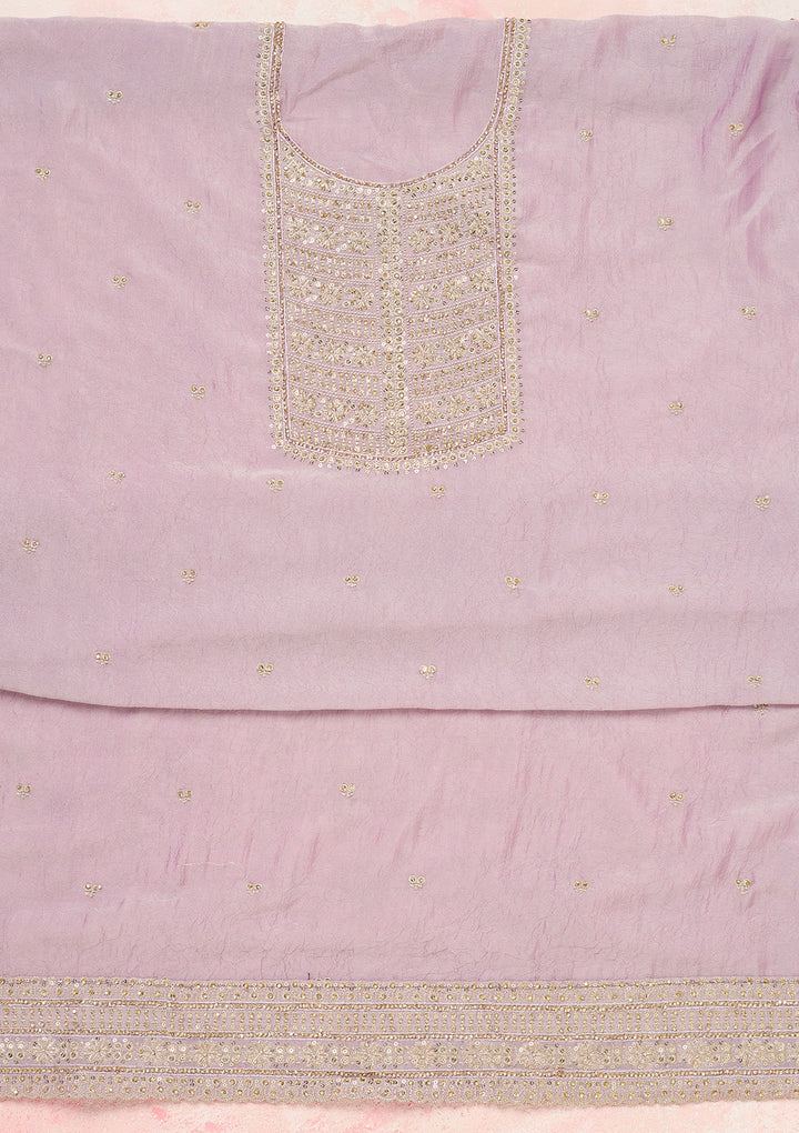 Lavender Chinon Gold Zariwork Unstitched Dress Material With Matching Bottom And Dupatta