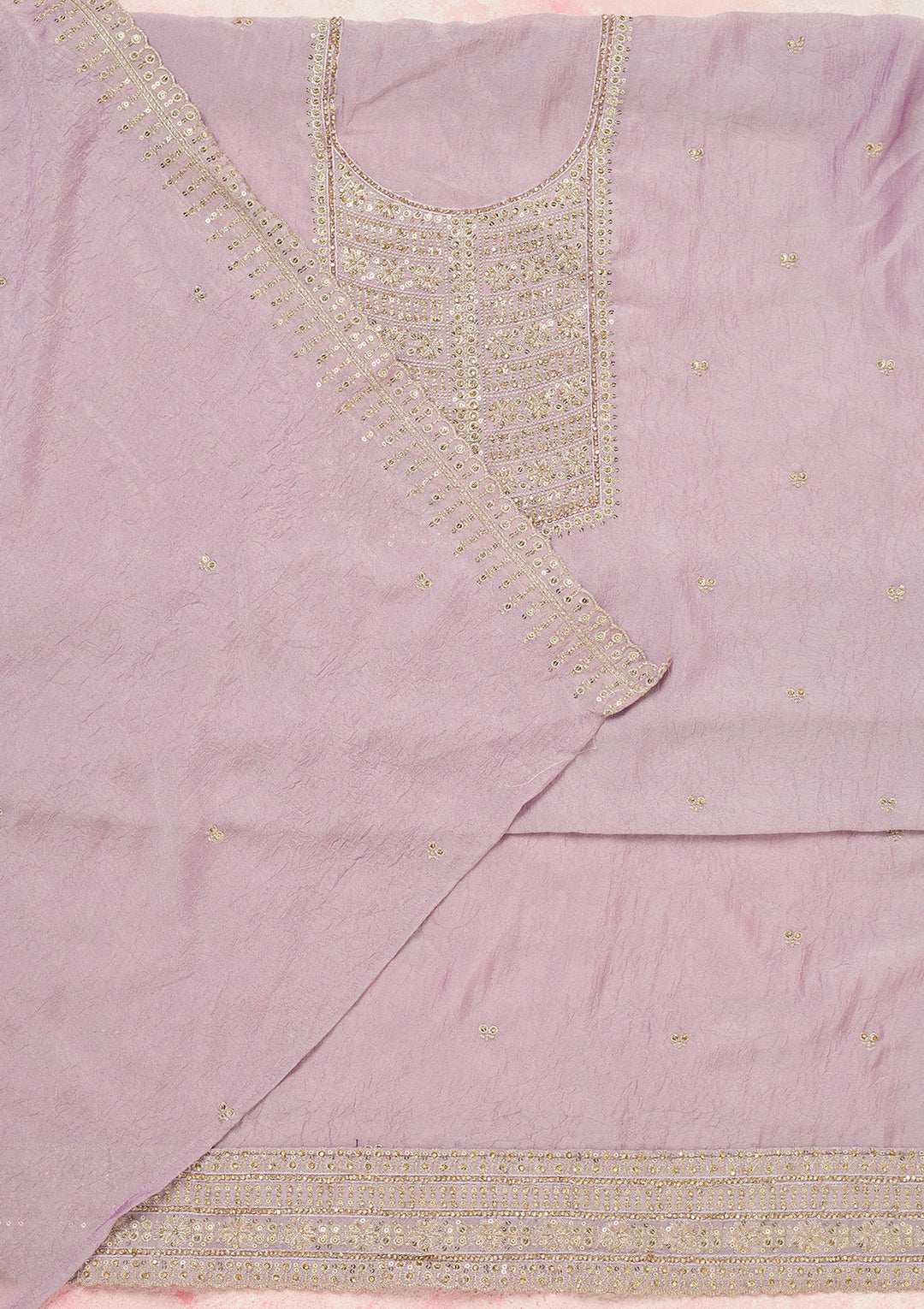 Lavender Chinon Gold Zariwork Unstitched Dress Material With Matching Bottom And Dupatta