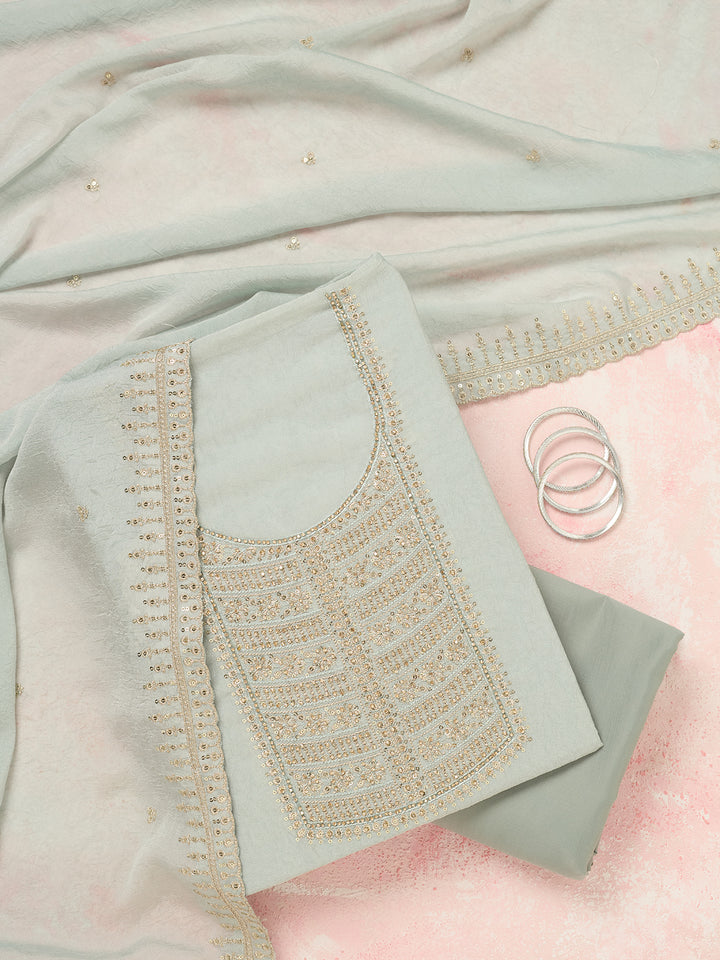 Light Grey Chinon Gold Zariwork Unstitched Dress Material With Matching Bottom And Dupatta