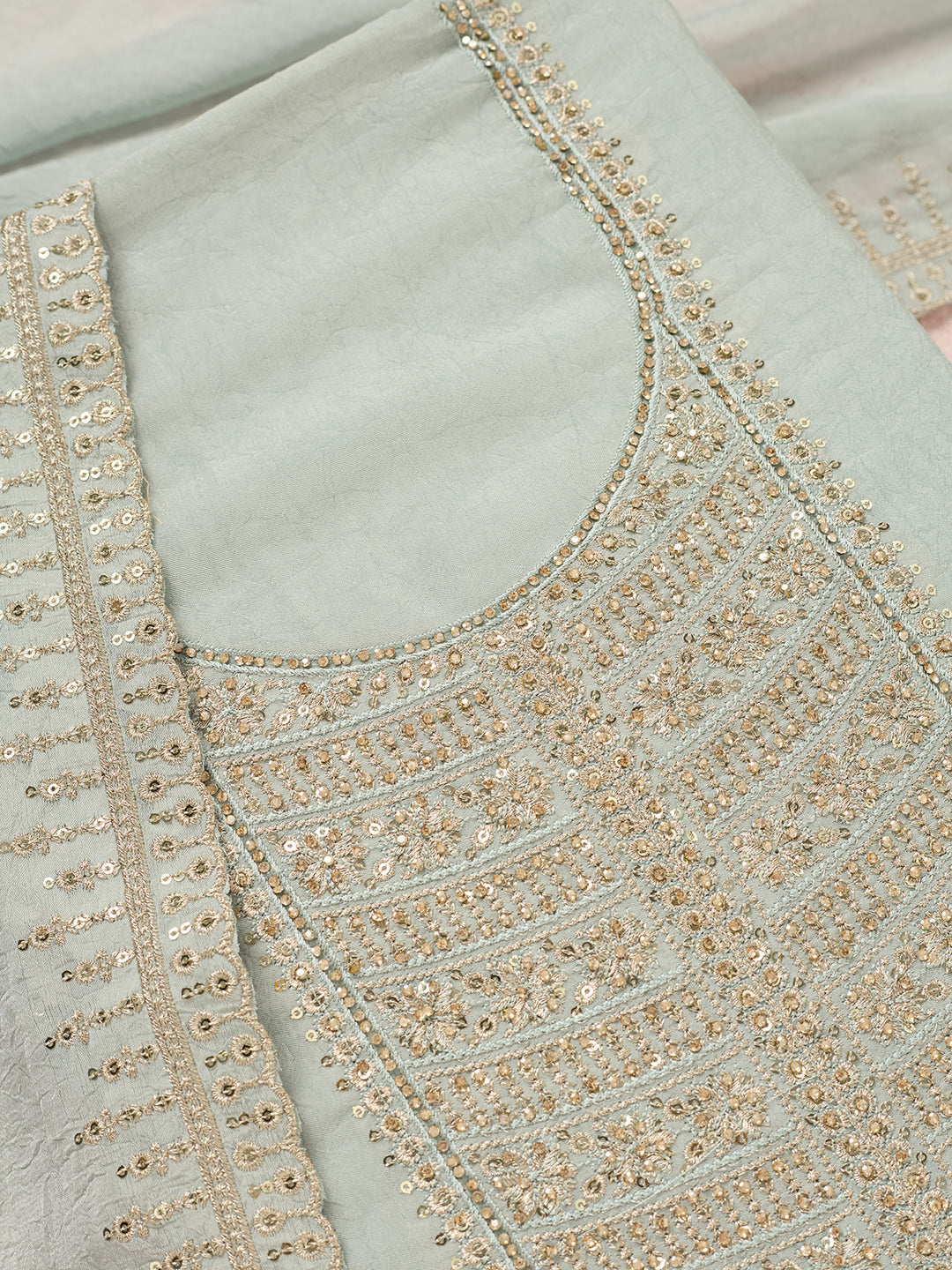 Light Grey Chinon Gold Zariwork Unstitched Dress Material With Matching Bottom And Dupatta