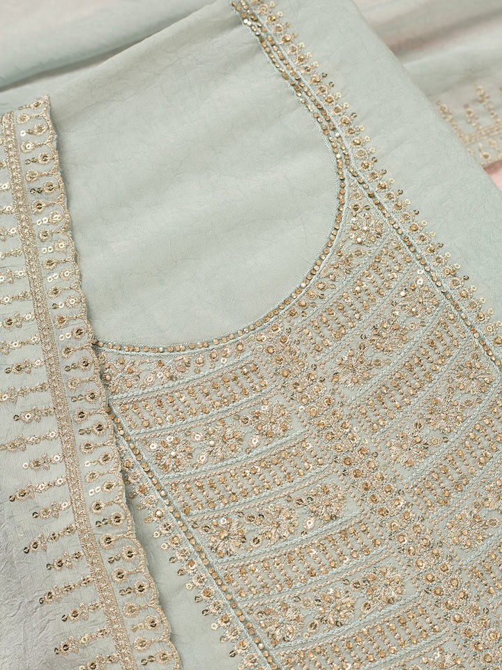 Light Grey Chinon Gold Zariwork Unstitched Dress Material With Matching Bottom And Dupatta
