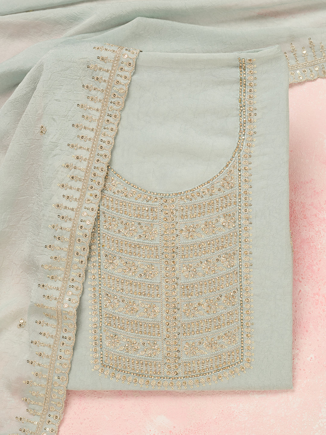 Light Grey Chinon Gold Zariwork Unstitched Dress Material With Matching Bottom And Dupatta