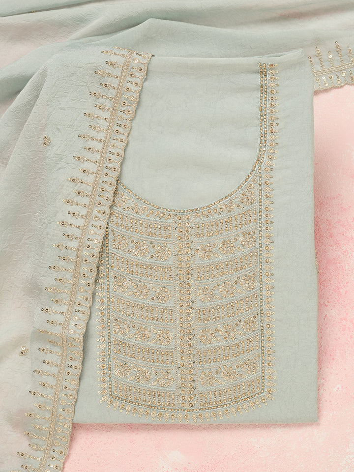 Light Grey Chinon Gold Zariwork Unstitched Dress Material With Matching Bottom And Dupatta