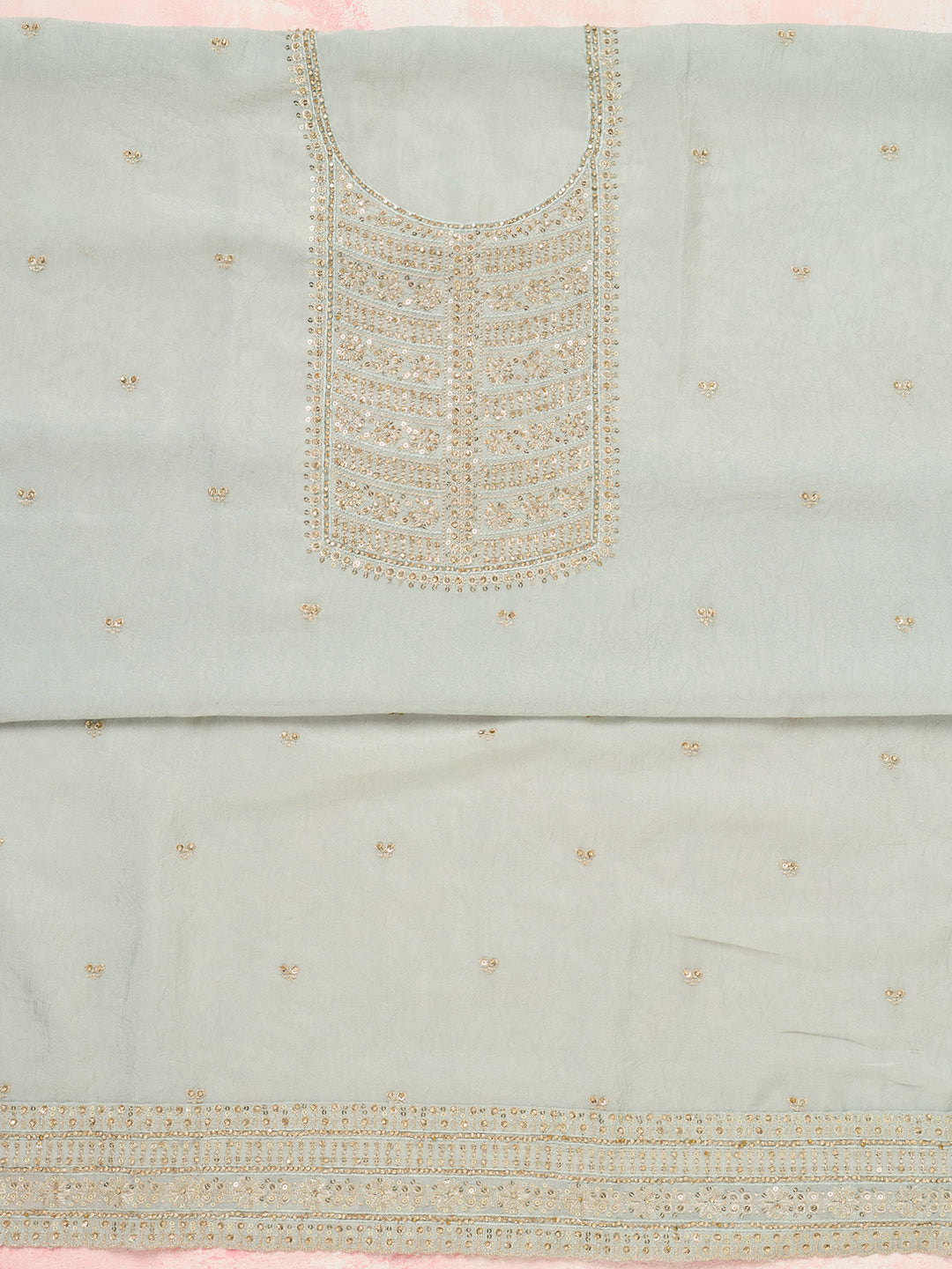 Light Grey Chinon Gold Zariwork Unstitched Dress Material With Matching Bottom And Dupatta