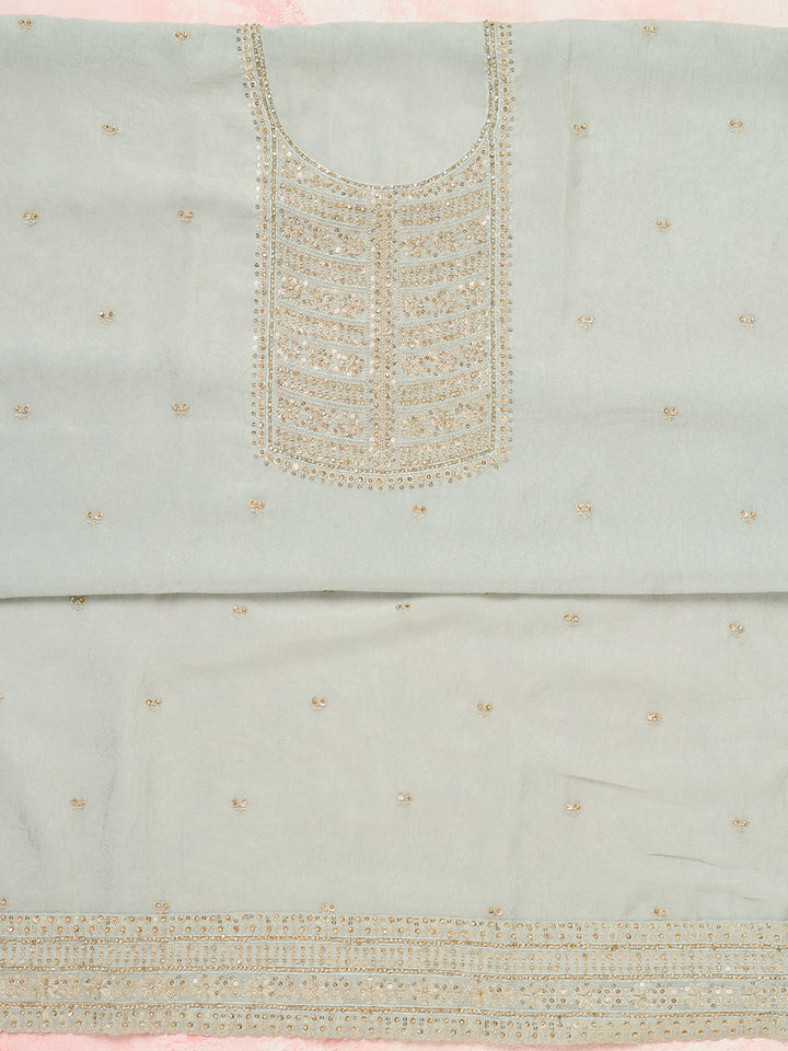 Light Grey Chinon Gold Zariwork Unstitched Dress Material With Matching Bottom And Dupatta