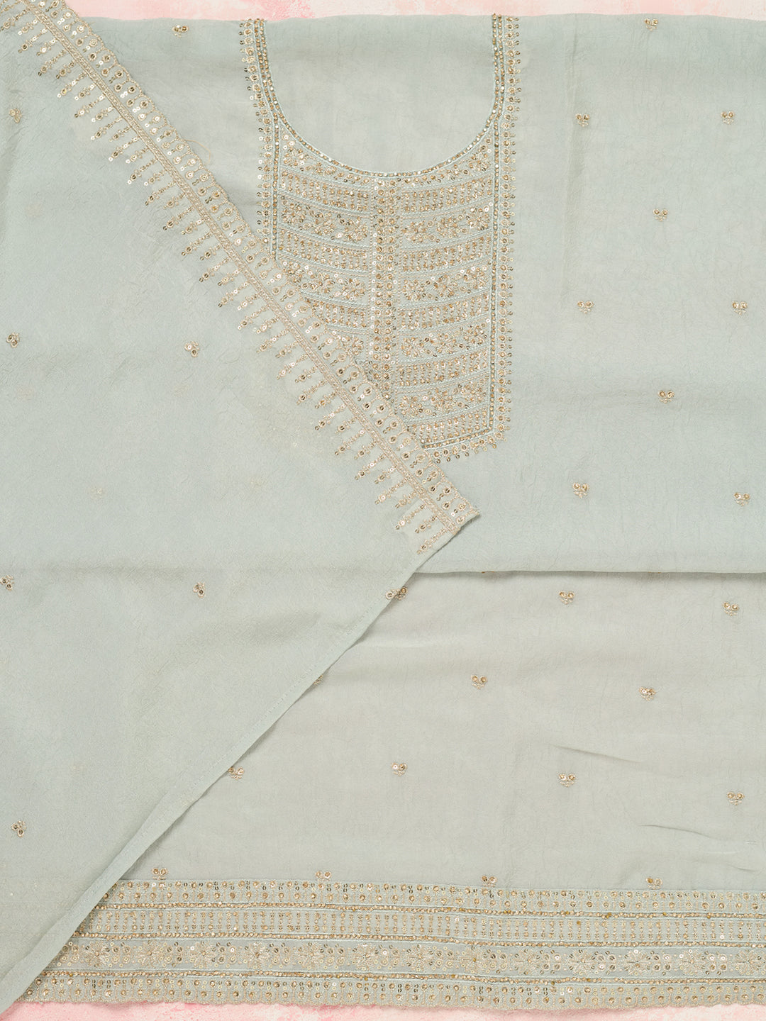 Light Grey Chinon Gold Zariwork Unstitched Dress Material With Matching Bottom And Dupatta