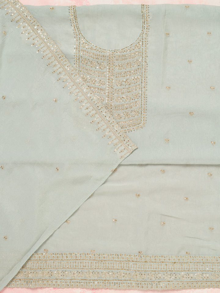 Light Grey Chinon Gold Zariwork Unstitched Dress Material With Matching Bottom And Dupatta