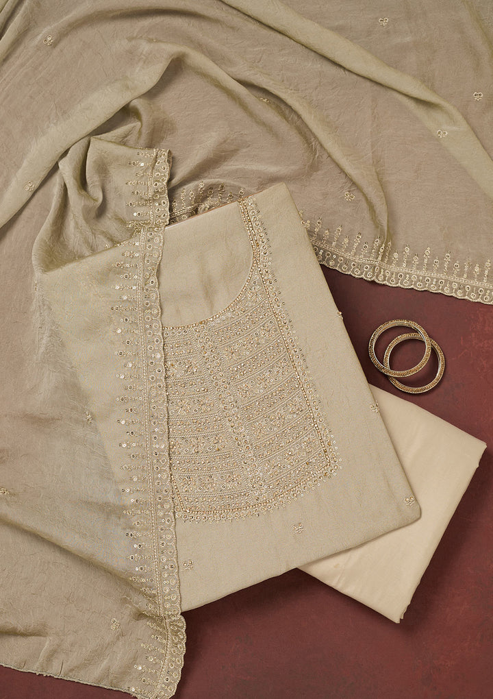 Pista Green Chinon Gold Zariwork Unstitched Dress Material With Matching Bottom And Dupatta