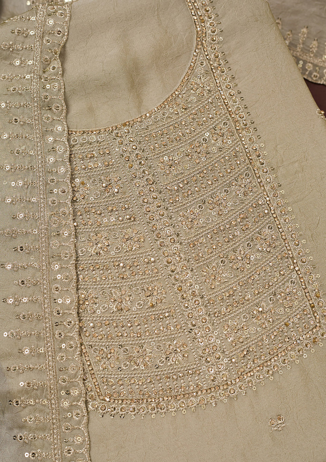 Pista Green Chinon Gold Zariwork Unstitched Dress Material With Matching Bottom And Dupatta