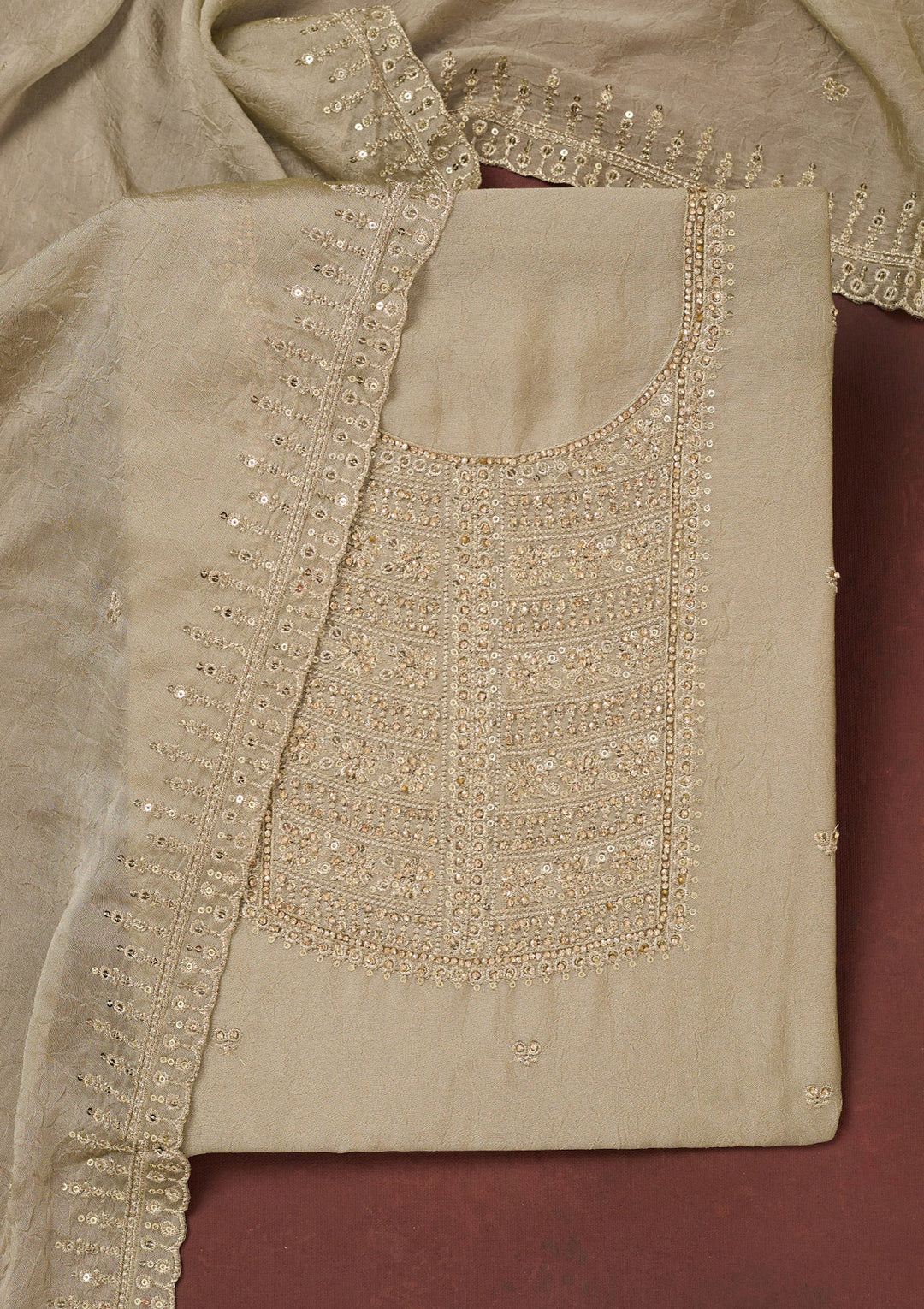 Pista Green Chinon Gold Zariwork Unstitched Dress Material With Matching Bottom And Dupatta