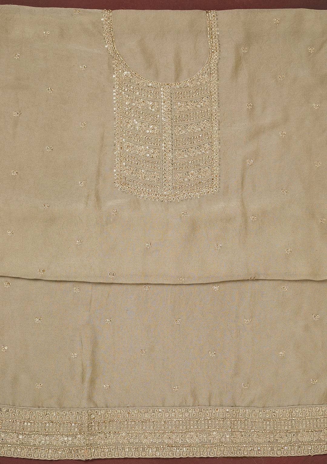 Pista Green Chinon Gold Zariwork Unstitched Dress Material With Matching Bottom And Dupatta